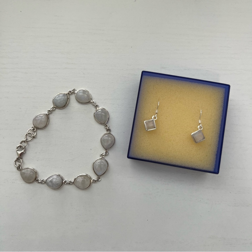 Devmukti Handmade Creations Rainbow Moonstone Silver Bracelet and Earrings